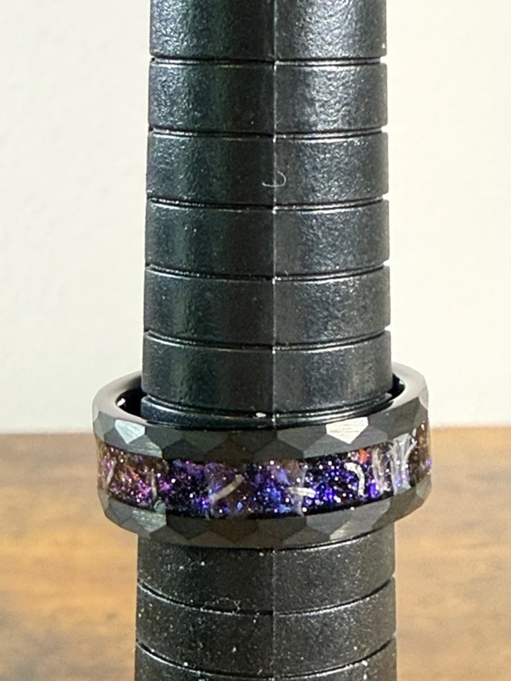 Tungsten Carbide Black Ring with Purple Inlay, Size 10
